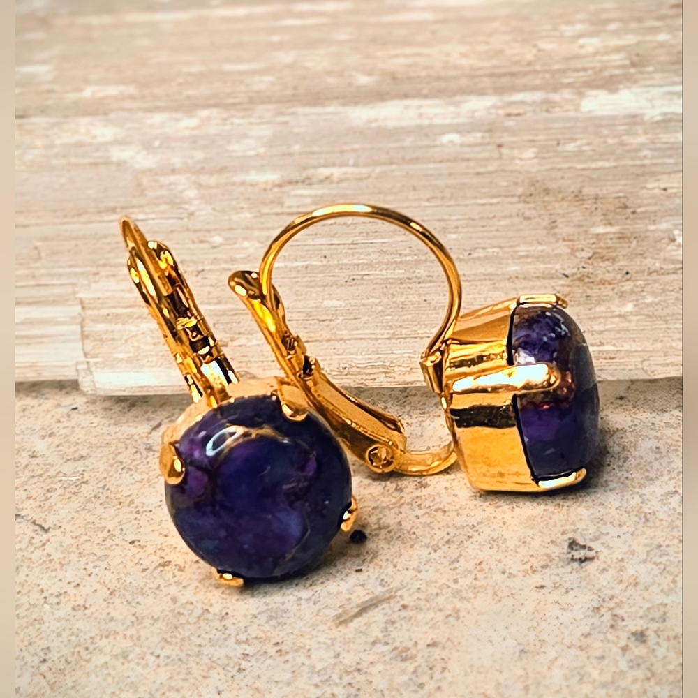 Genuine Mohave Purple Copper Turquoise In Gold Plated Drop Earrings